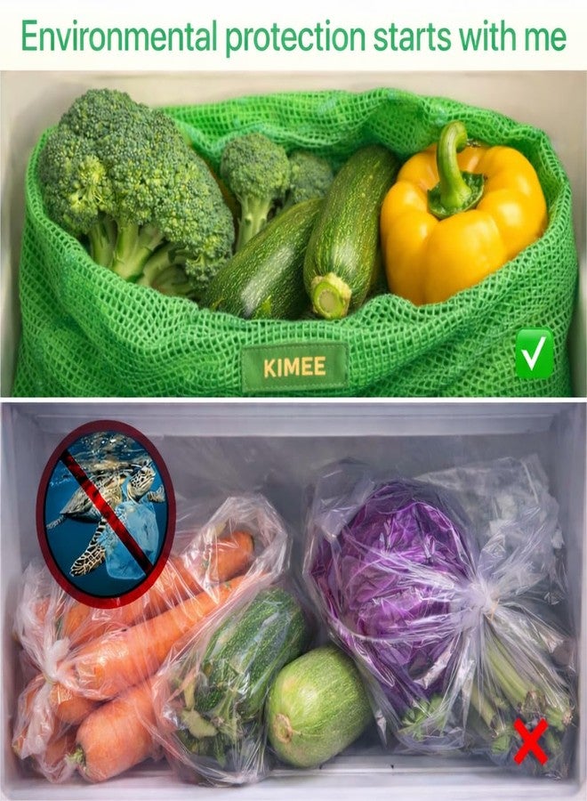 Kimee 100% Cotton Set of 6 Fridge Drawstring Bags | Eco-Friendly Natural Vegetables Storage Mesh Net for Fridge | Multi-Purpose Cotton Mesh Bag (Neem Green) - Image 4
